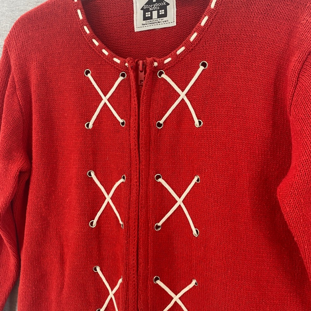HSN Storybook Knits Red Lace Up Zip Front Cardigan Cottagecore Sweater XS - Picture 3 of 9